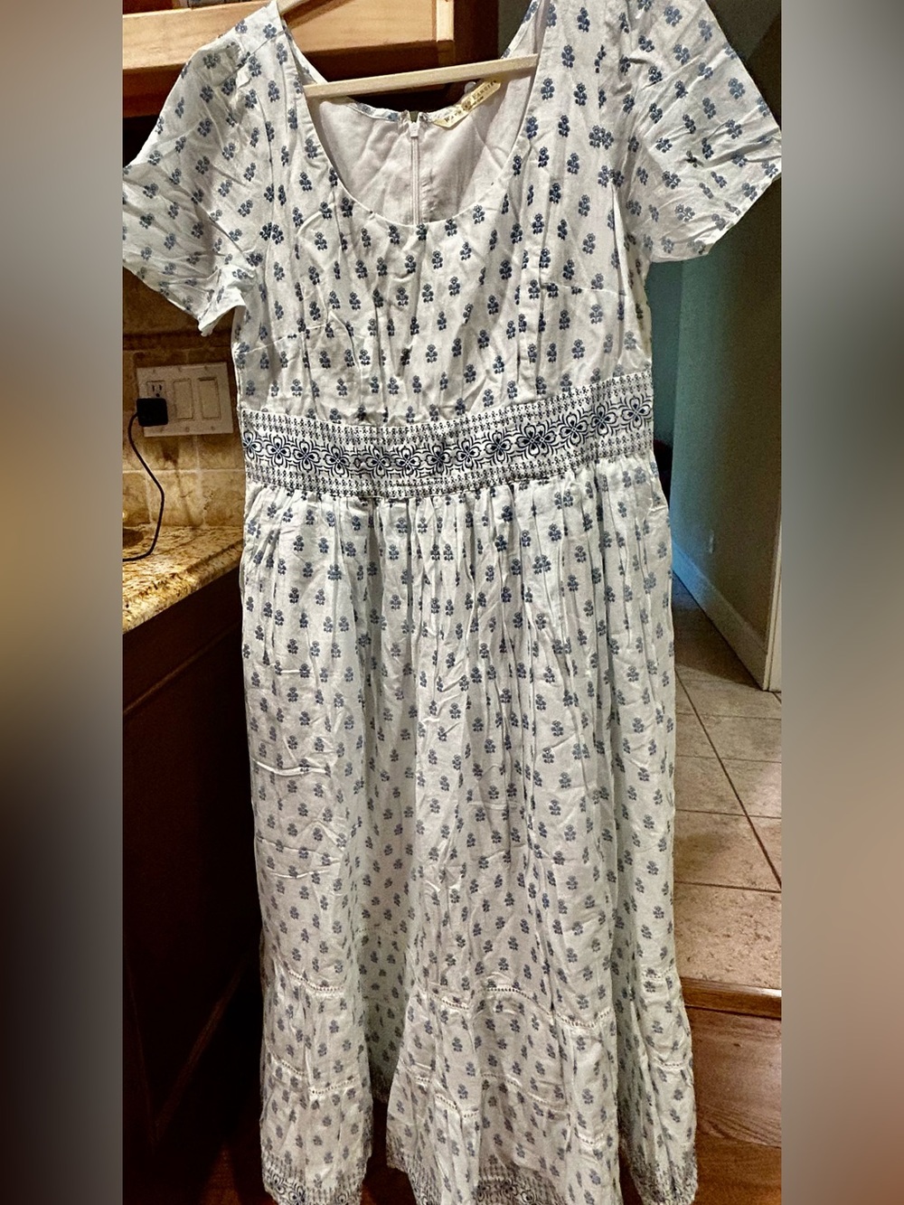 eShakti Cotton Dress NWOT blue Indian floral block print maxi voile-lined 16w